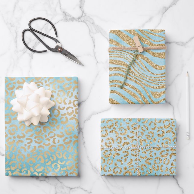 Gold Aqua White Ombre Zebra Leopard    Wrapping Paper Sheet (Front)