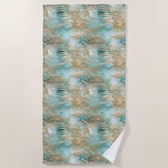 Gold Aqua White Tropical Leaves Beach Towel (Front)