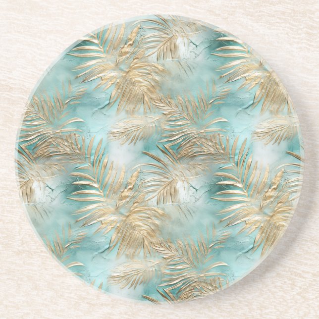 Gold Aqua White Tropical Leaves Coaster (Front)