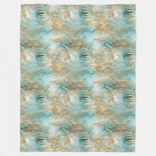 Gold Aqua White Tropical Leaves Fleece Blanket