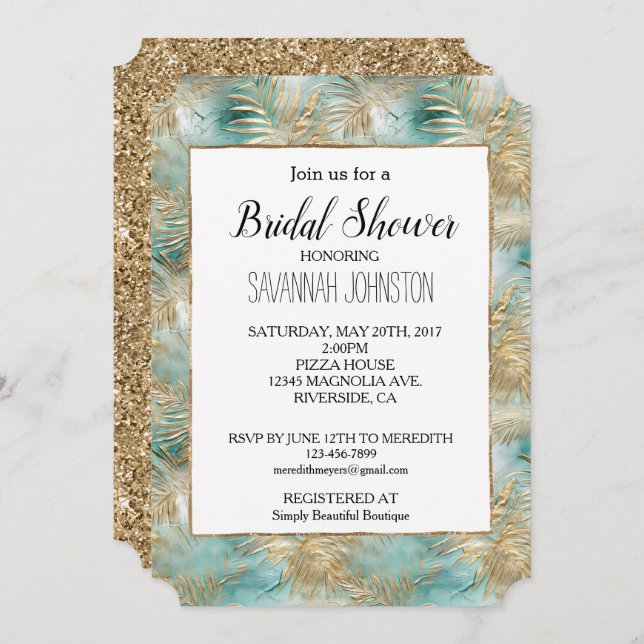 Gold Aqua White Tropical Leaves Invitation (Front/Back)