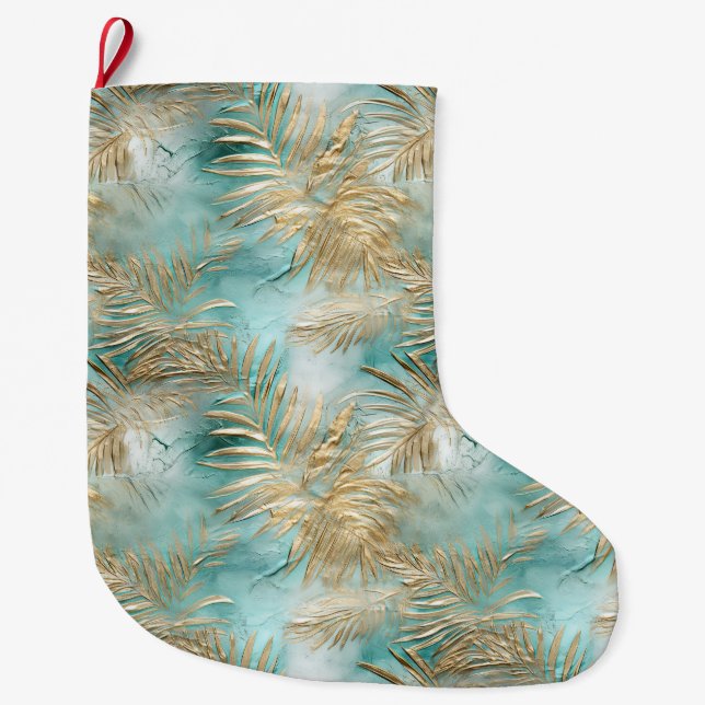 Gold Aqua White Tropical Leaves Large Christmas Stocking (Front)