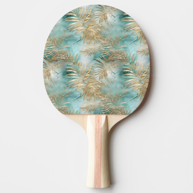 Gold Aqua White Tropical Leaves Ping Pong Paddle (Front)