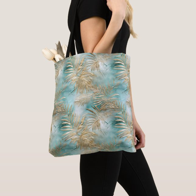 Gold Aqua White Tropical Leaves Tote Bag (Close Up)