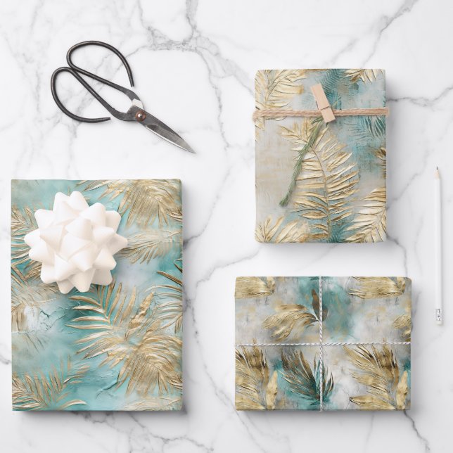 Gold Aqua White Tropical Leaves Wrapping Paper Sheet (Front)