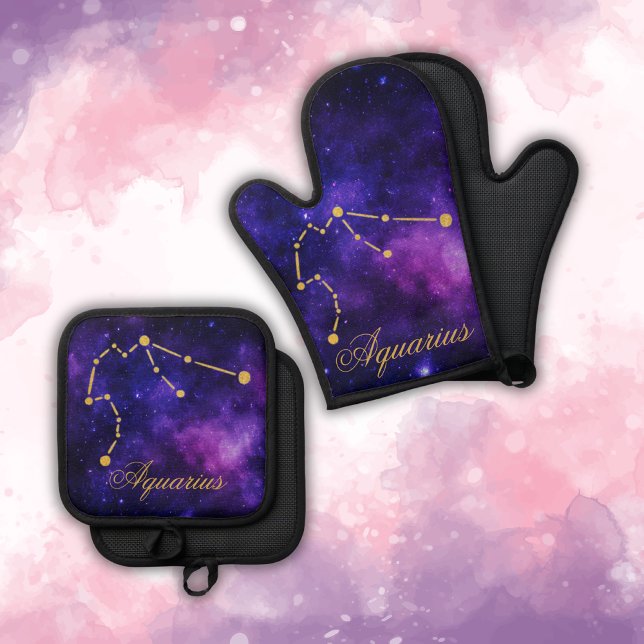 Gold Aquarius Constellation on Dark Galaxy | Oven Mitt & Pot Holder Set (Creator Uploaded)