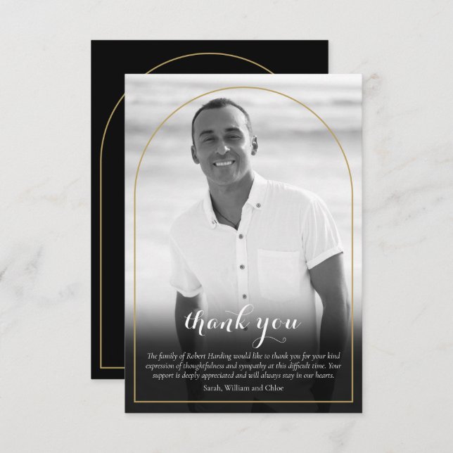 Gold Arch Black and White Photo Funeral Thank You Card (Front/Back)