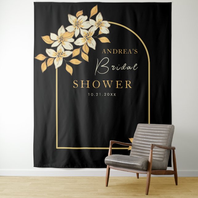 Gold Arch & Fall Floral Bridal Shower Backdrop Tapestry (In Situ)