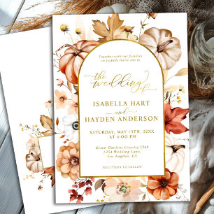 Gold Arch Fall Floral Pumpkin Cream Rust Wedding Invitation