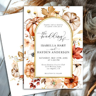 Gold Arch Fall Floral Pumpkin Rust Orange Wedding Invitation