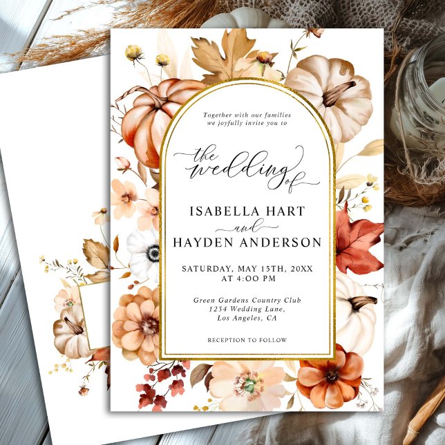 Gold Arch Fall Floral Pumpkin Rust Orange Wedding Invitation (Creator Uploaded)