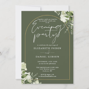 Gold Arch Floral Olive Green Wedding Evening Party Invitation