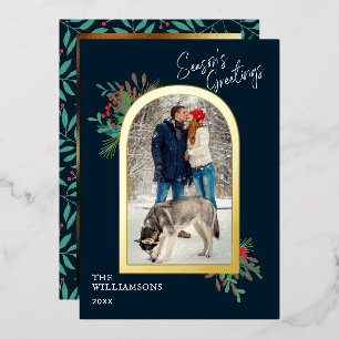 Gold Arch Frame Season's Greetings 1 Photo Foil Holiday Card