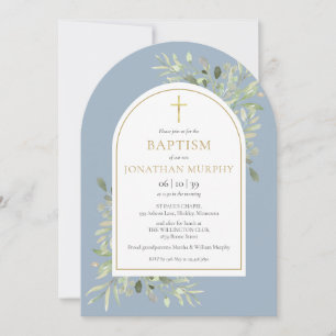 Gold Arch Greenery Dusty Blue Boy Baptism  Invitation