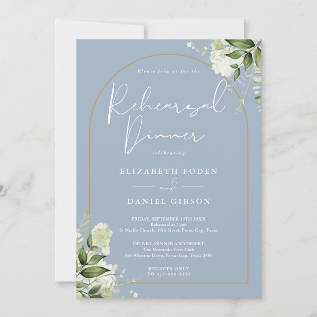 Gold Arch Greenery Dusty Blue Rehearsal Dinner Invitation (Front)
