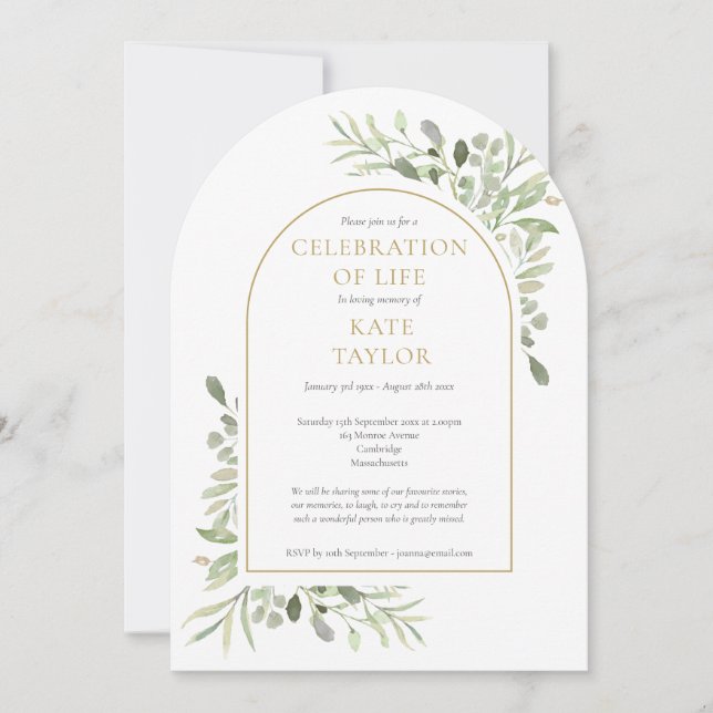Gold Arch Greenery Funeral Celebration of Life  Invitation (Front)