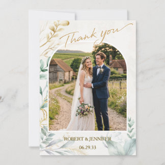 Gold Arch Greenery Watercolor Wedding Photo Thank You Card