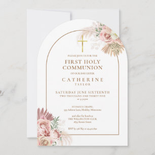 Gold Arch Pampas Grass Floral First Holy Communion Invitation