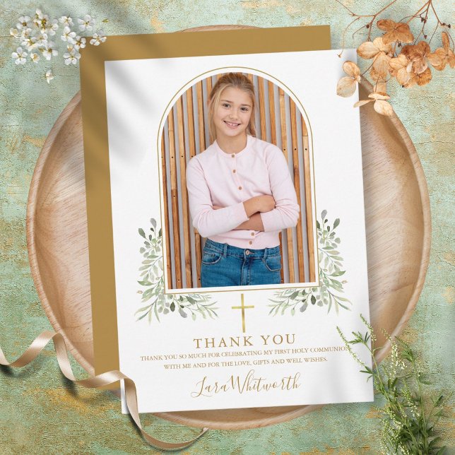 Gold Arch Photo Greenery First Holy Communion Thank You Card (Creator Uploaded)
