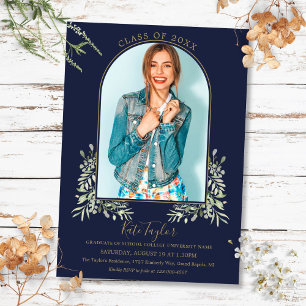 Gold Arch Photo Navy Blue Foliage Graduation Invitation