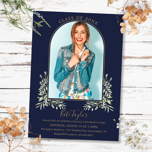 Gold Arch Photo Navy Blue Foliage Graduation Invitation (Gold Arch Photo Navy Blue Foliage Graduation Invitation)