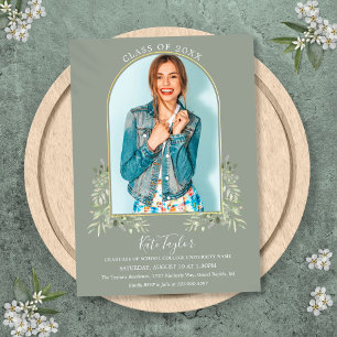 Gold Arch Photo Sage Green Foliage Graduation Invitation