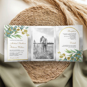 Gold Arch Rustic Eucalyptus Leaves Photo Wedding Tri-Fold Invitation