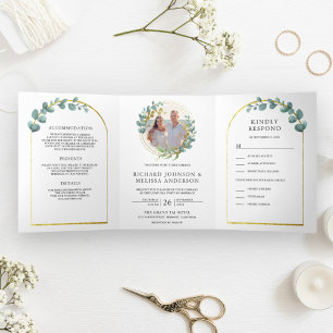 Gold Arch Rustic Eucalyptus Photo Wreath Wedding Tri-Fold Invitation