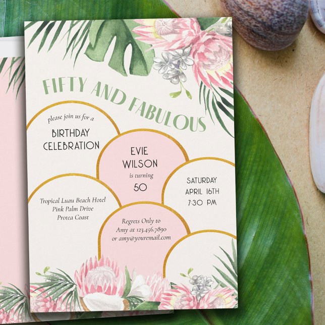 Gold Arch Tropical Protea and Palm 50th Birthday Invitation (Creator Uploaded)
