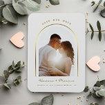 Gold Arched Frame Wedding Photo Save The Date Magnet<br><div class="desc">Design features a gorgeous golden arched frame for your best Save Our Date Photo,  with a thin calligraphy script,  against a wedding cream colour background.  Easily customise with names,  date,  location of choice.  Ideal for any modern wedding theme in any season.</div>