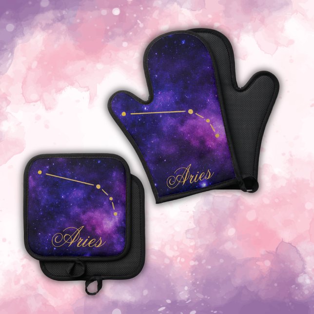 Gold Aries Constellation on Dark Galaxy | Oven Mitt & Pot Holder Set (Creator Uploaded)