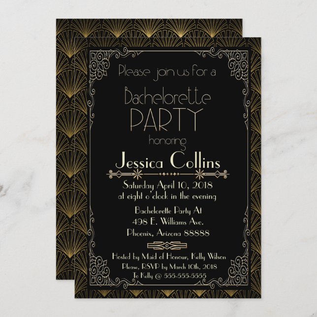 Gold Art Deco Bachelorette Party Invitation (Front/Back)