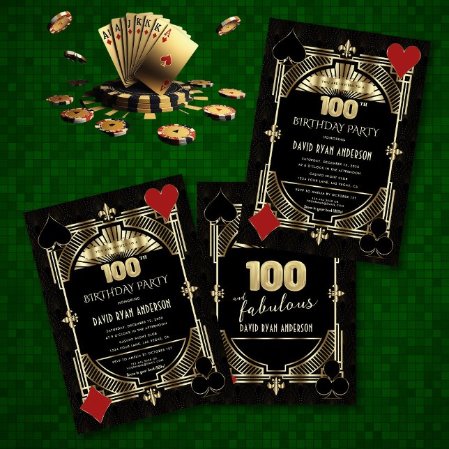 Gold Art Deco Casino Poker Man 100th Birthday  Invitation (Creator Uploaded)