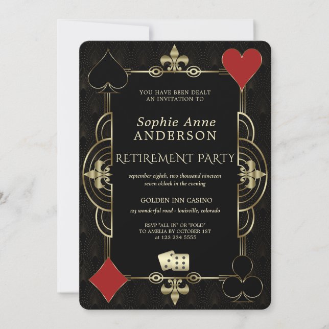 Gold Art Deco Casino Vegas Poker Retirement Party  Invitation (Front)