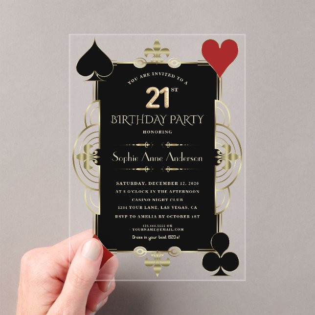 Gold Art Deco Casino Vegas Woman 21st Birthday Acrylic Invitations (Insitu (Handheld))