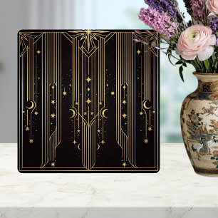 Gold Art Deco Celestial Stars Moons Pattern  Ceramic Tile