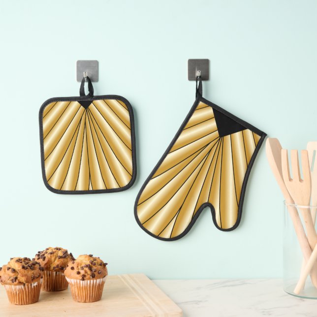 Gold Art Deco Design Oven Mitt & Pot Holder Set (Insitu(Hanging))