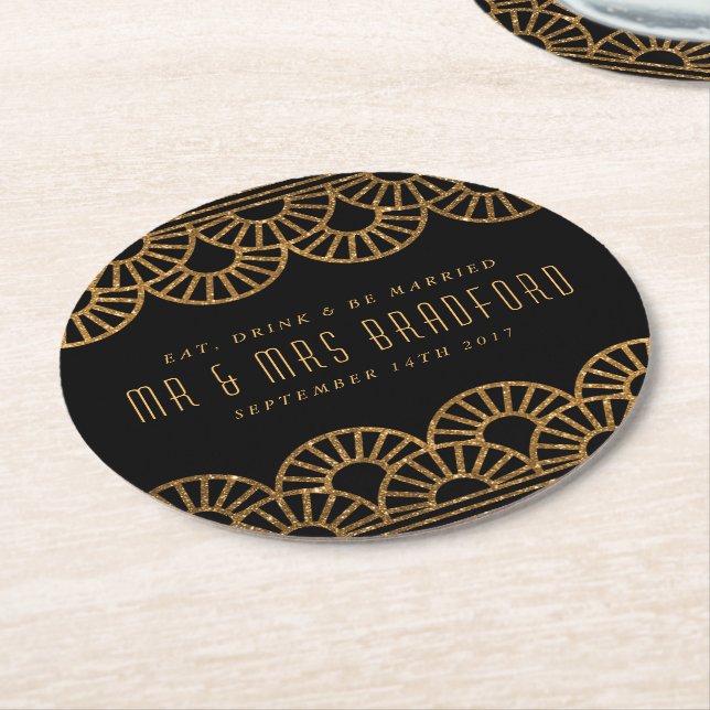 Gold Art Deco Fan Wedding and Celebration Coasters (Angled)
