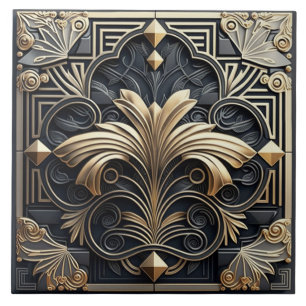 Gold Art Deco Fan with Ornamental Frame Ceramic Tile