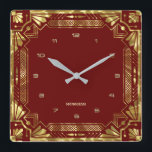 Gold Art Deco Frame On Dark Red Square Wall Clock<br><div class="desc">Gold tones Art Deco frame,  geometric style over a dark red background. Customisable monogram.</div>