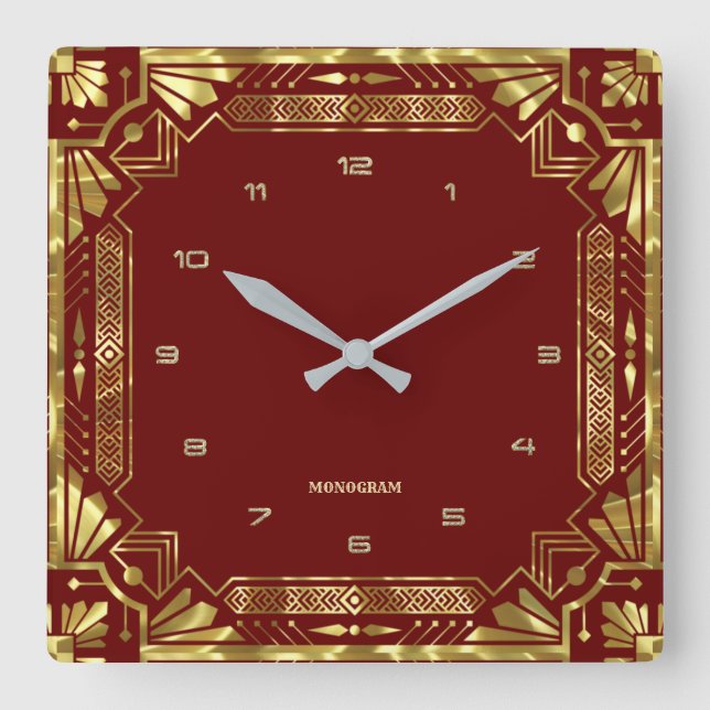 Gold Art Deco Frame On Dark Red Square Wall Clock (Front)