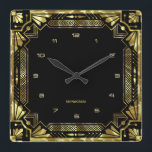 Gold Art Deco Frame Square Wall Clock<br><div class="desc">Gold tones Art Deco frame,  geometric style over a black background. Customisable monogram.</div>