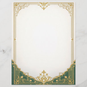 Gold Art Deco Frame with Green Border Stationery Custom Letterhead
