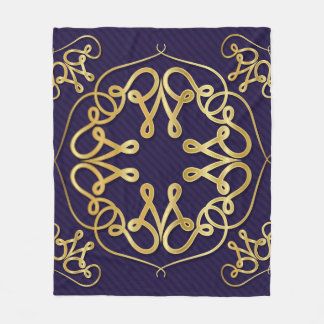 Gold art deco frame with ornament on blue backgrou fleece blanket