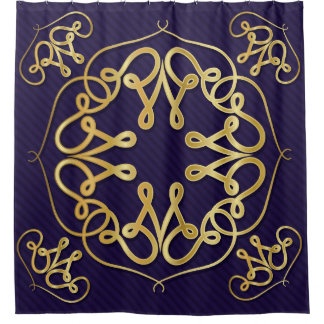 Gold art deco frame with ornament on blue backgrou shower curtain