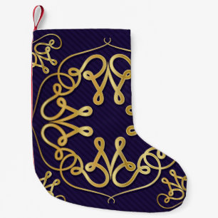 Gold art deco frame with ornament on blue backgrou small christmas stocking