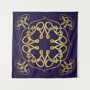 Gold art deco frame with ornament on blue backgrou tapestry