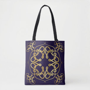 Gold art deco frame with ornament on blue backgrou tote bag