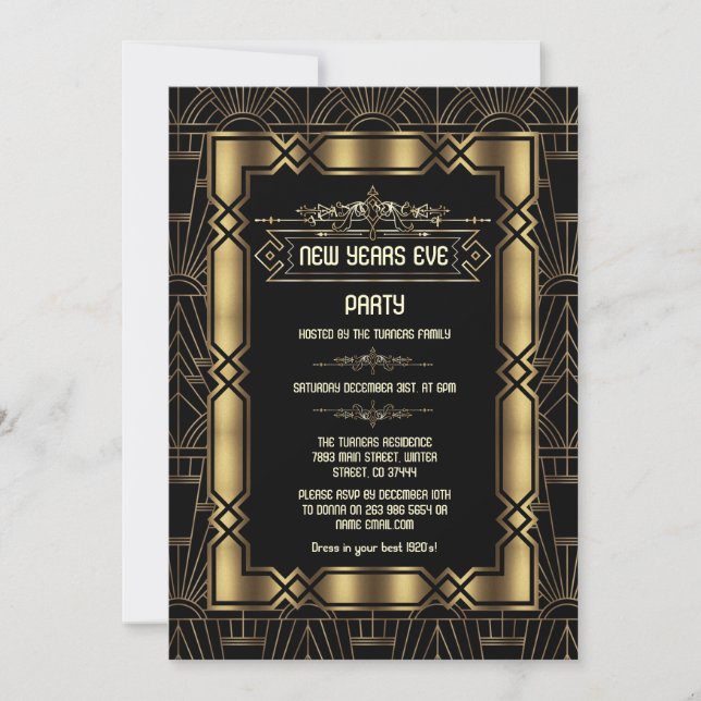 Gold Art Deco Gatsby 1920s New Year's Eve Party Invitation (Front)