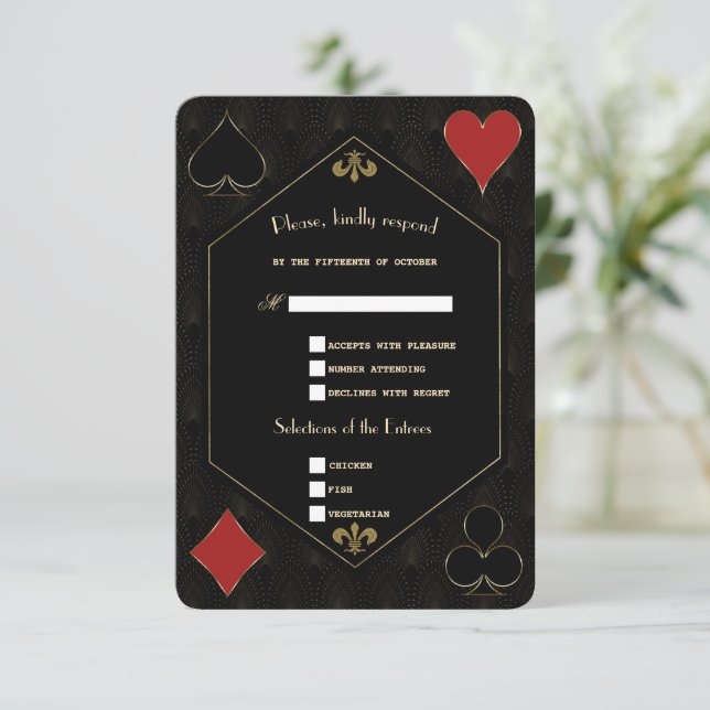 Gold Art Deco Gatsby Casino Vegas Poker Wedding  RSVP Card (Standing Front)